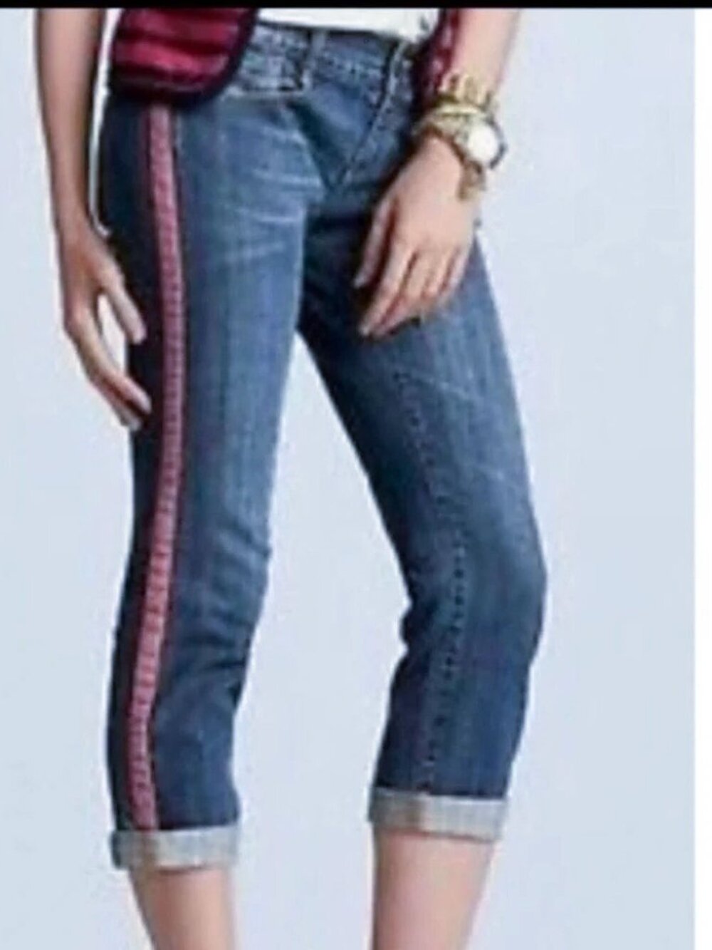 Cabi 327 Johnny Crop Tux Red Pink Stripe Capris Jeans Medium Wash 6